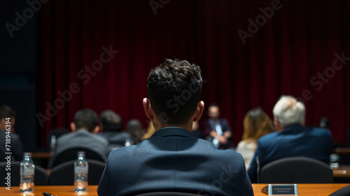 Photograph from over the candidate's shoulder, giving a view of what they see: a panel of interviewers, emphasizing the pressure of the situation