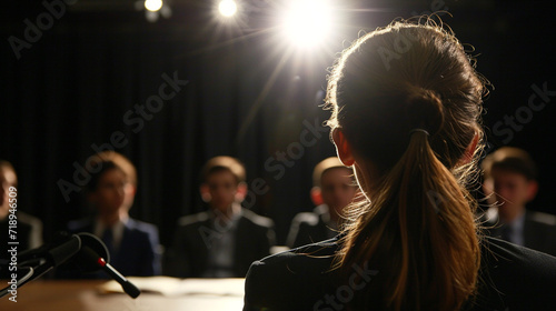 Photograph from over the candidate's shoulder, giving a view of what they see: a panel of interviewers, emphasizing the pressure of the situation photo