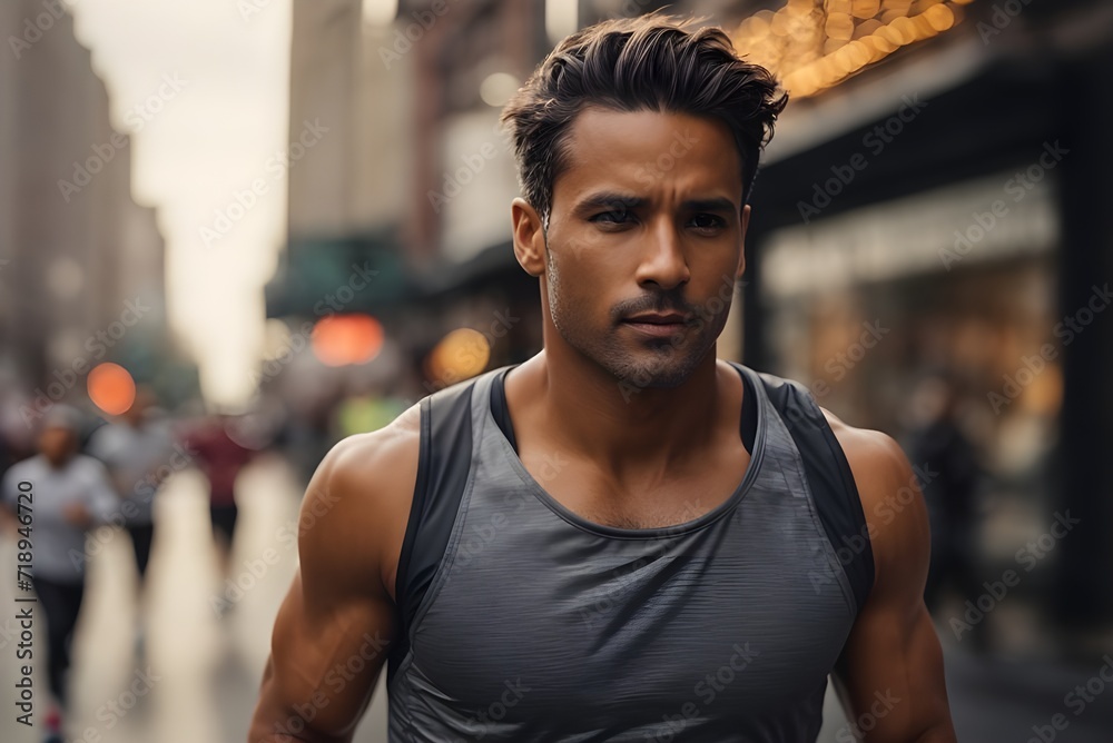 Fototapeta premium active and healthy man jogging, running and walking in busy city