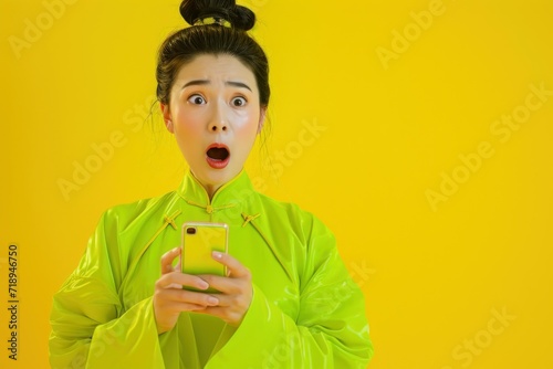 Portrait of a Shocked Asian Woman in Green Holding a Smartphone on a Yellow Background. Generative AI.
