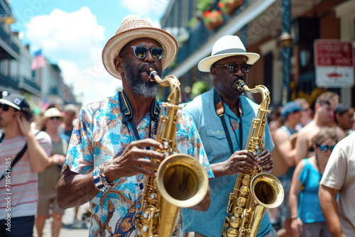 Festival de Jazz en Nueva Orleans: Escena de músicos en un desfile en las calles photo