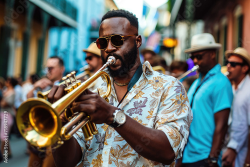 Festival de Jazz en Nueva Orleans: Escena de músicos en un desfile en las calles photo