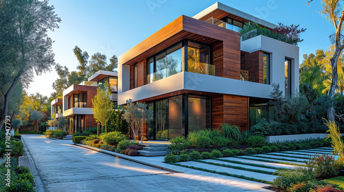 Street with modern private two-story mansions in the resort