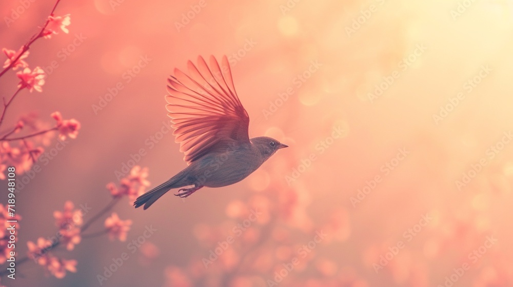 A minimalist and simple composition of an exotic bird in flight, against a pastel gradient background. 