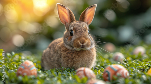 Cute bunny on the lawn with Easter eggs