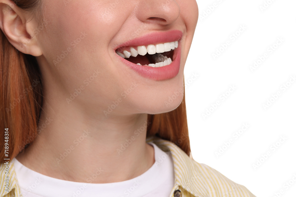 Woman with clean teeth smiling on white background, closeup Woman with clean teeth smiling on white background, closeup