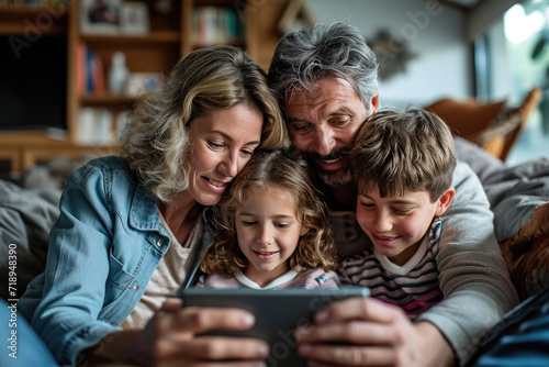 Familia con padres e hijos compartiendo momentos con sus seres queridos a través de videollamadas
