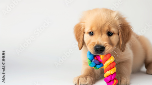 Playful Golden Retriever Puppy Enjoying Colorful Chew Toy on White Background © Sol Revolver Group