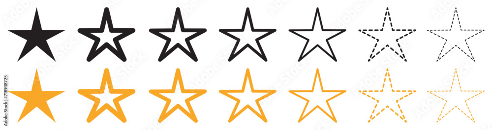 Set of star icons. Star or favorite flat icon, star vector logotype. Rating signs collection. Vector illustration. EPS10. Set of star icons. Star or favorite flat icon, star vector logotype. Rating signs collection. Vector illustration. EPS10.