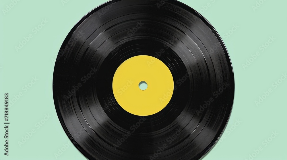 Black Vinyl Record on green background. Image of a Long Play. Sound tracks on a vinyl record Black Vinyl Record on green background. Image of a Long Play. Sound tracks on a vinyl record