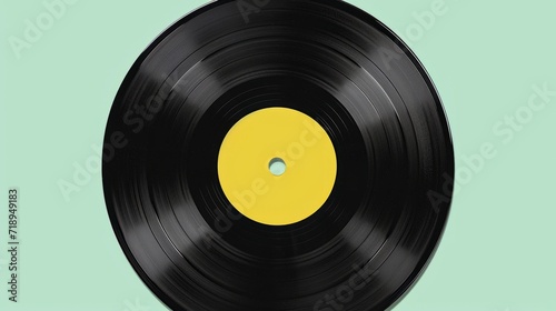 Black Vinyl Record on green background. Image of a Long Play. Sound tracks on a vinyl record