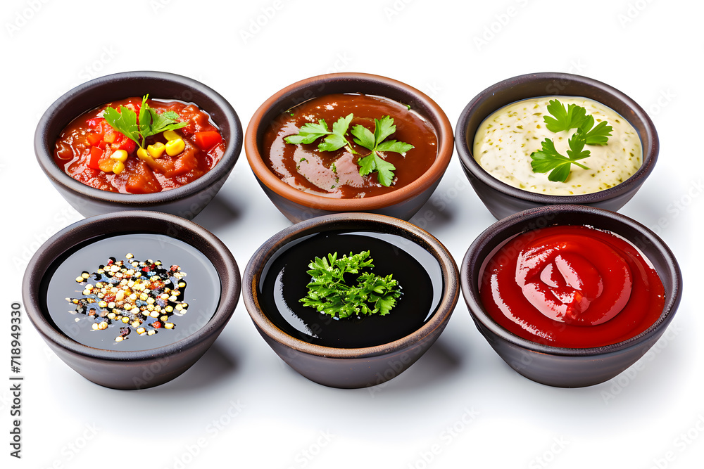 Bowls of  Various Sauces top view isolated on white Background