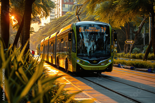 Trasporte público sostenible, autobús eléctrico con zonas verdes al rededor