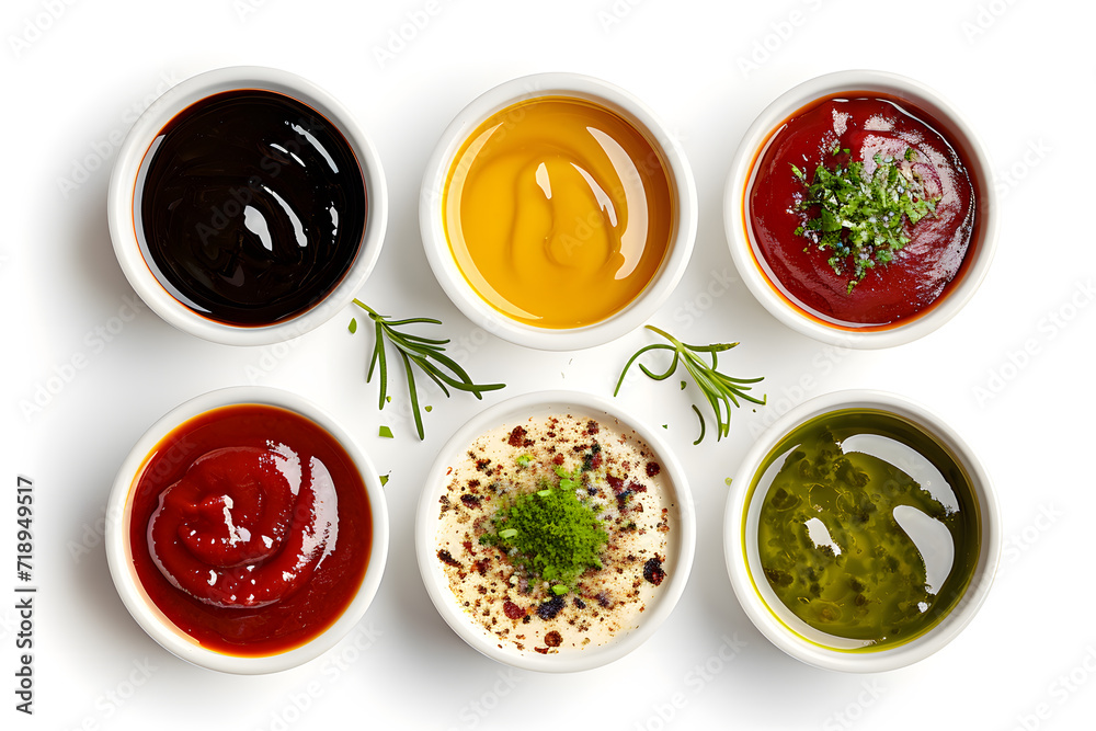 Bowls of Various Sauces top view isolated on white Background Bowls of Various Sauces top view isolated on white Background