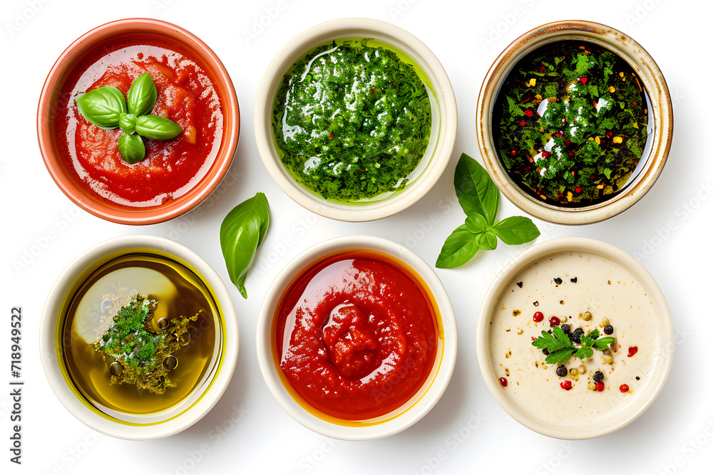 Bowls of Various Sauces top view isolated on white Background Bowls of Various Sauces top view isolated on white Background