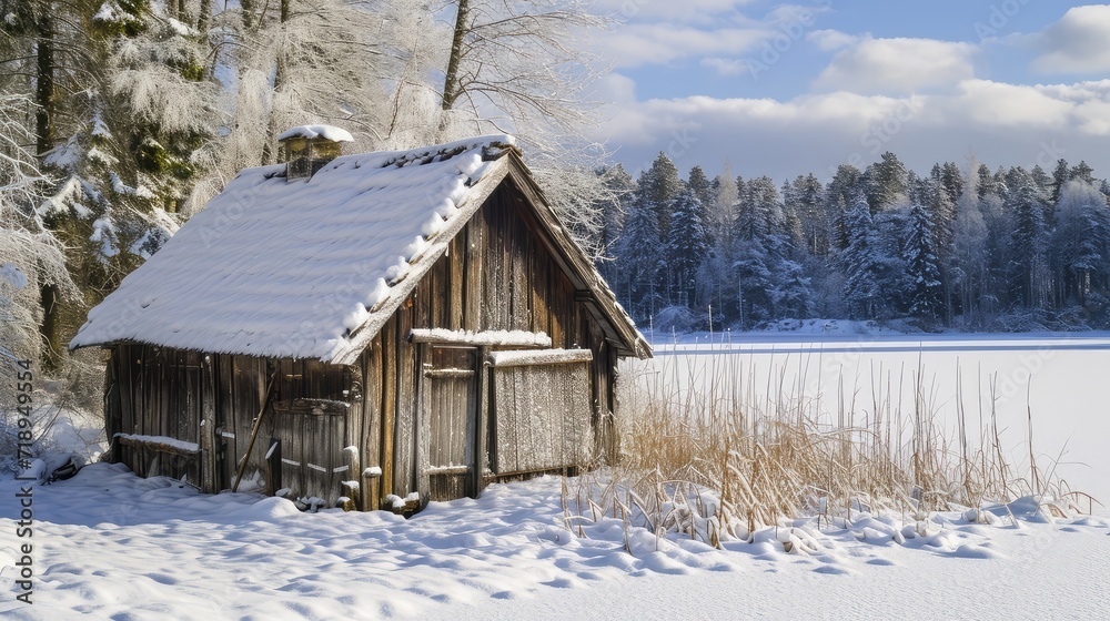 A boathouse on a frozen lake A boathouse on a frozen lake