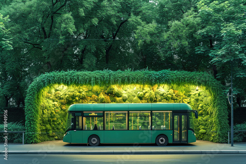 Trasporte público sostenible, autobús eléctrico con zonas verdes al rededor photo