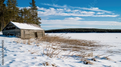 A boathouse on a frozen lake