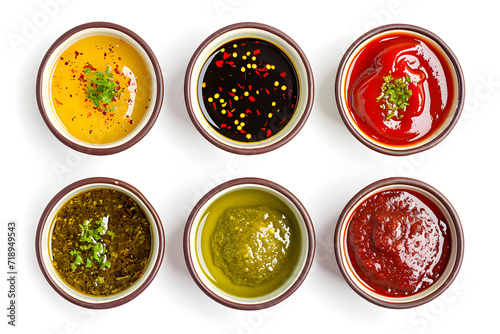 Bowls of  Various Sauces top view isolated on white Background