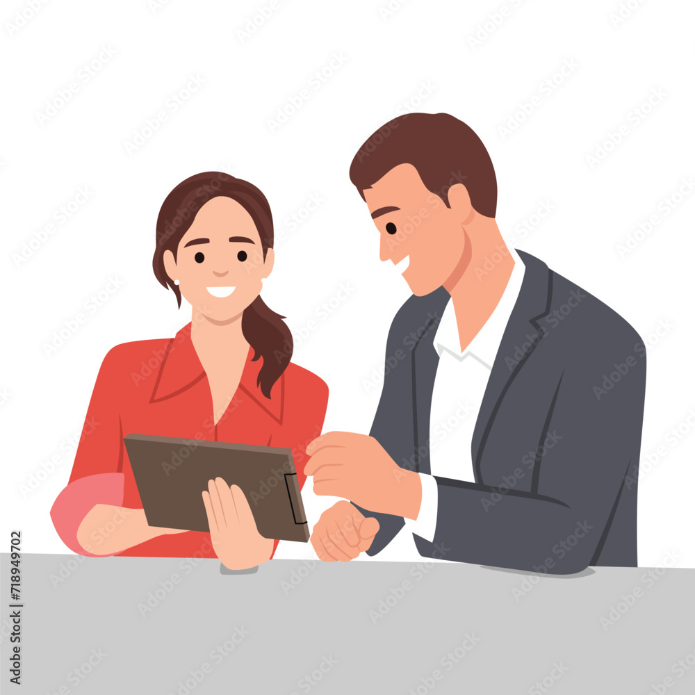 Young businessman and woman discussing about sales on tab or analyze data for marketing plan. Flat vector illustration isolated on white background Young businessman and woman discussing about sales on tab or analyze data for marketing plan. Flat vector illustration isolated on white background