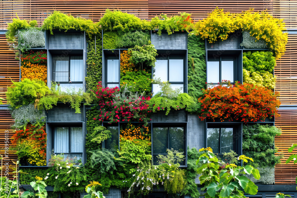 Fotografía de un edificio con fachada cubierta de plantas y vegetación, generado con IA