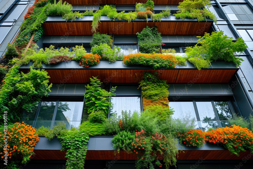 Fotografía de un edificio con fachada cubierta de plantas y vegetación, generado con IA