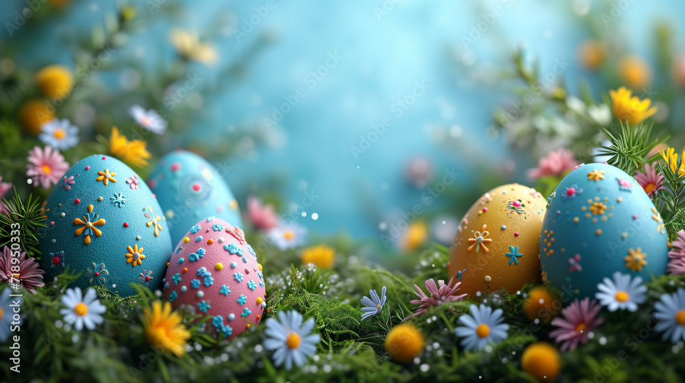 Happy Easter greeting background with Easter eggs. Colorful easter eggs background with copy space area for text - obrazy, fototapety, plakaty 