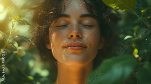 Content Young Woman with Freckles Enjoying Sunlight Amongst Leaves © Ameli Studio