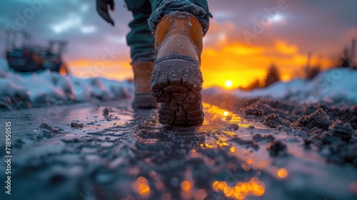 Dusk at the Construction Site: A Man in Boots Walking Towards the Job, Captured in a Wet-on-Wet Blending Art Style