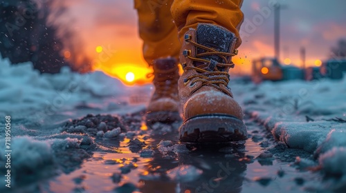 Dusk at the Construction Site: A Man in Boots Walking Towards the Job, Captured in a Wet-on-Wet Blending Art Style