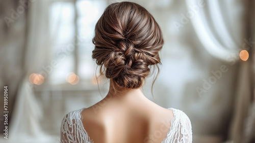 Elegant hairstyle of a young woman in a wedding dress. photo