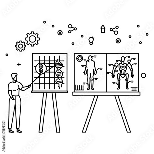 Components of Robot Construction vector icon design, robotic science symbol, special purpose machine sign, Cyborg stock illustration, Scientist Explaining Anatomy of a Humanoid bot concept