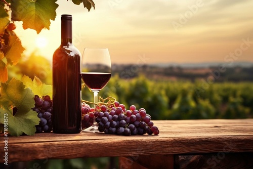 Red wine and bottle on wooden table with grape vines on blurred sunset vineyard landscape. Production at winery. Generative AI