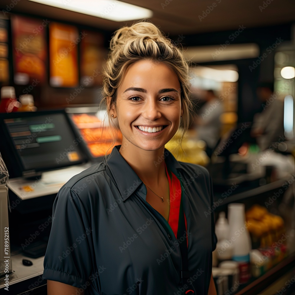 Young adult and friendly woman cashier with smiling and cheerful face sitting behind checkout in market, looking at camera