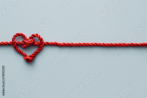 red horizontal cotton rope line with tied heart loop. Looks like medical line for heartbeat, light greyish blue background 