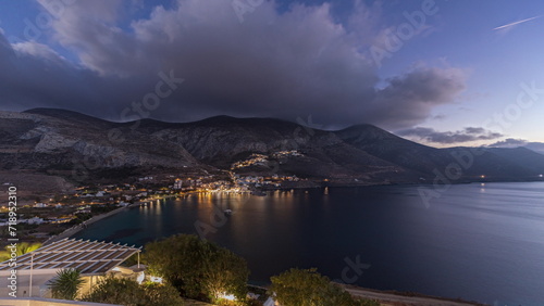 Panorama showing Amorgos island aerial day to night timelapse from above. Greece