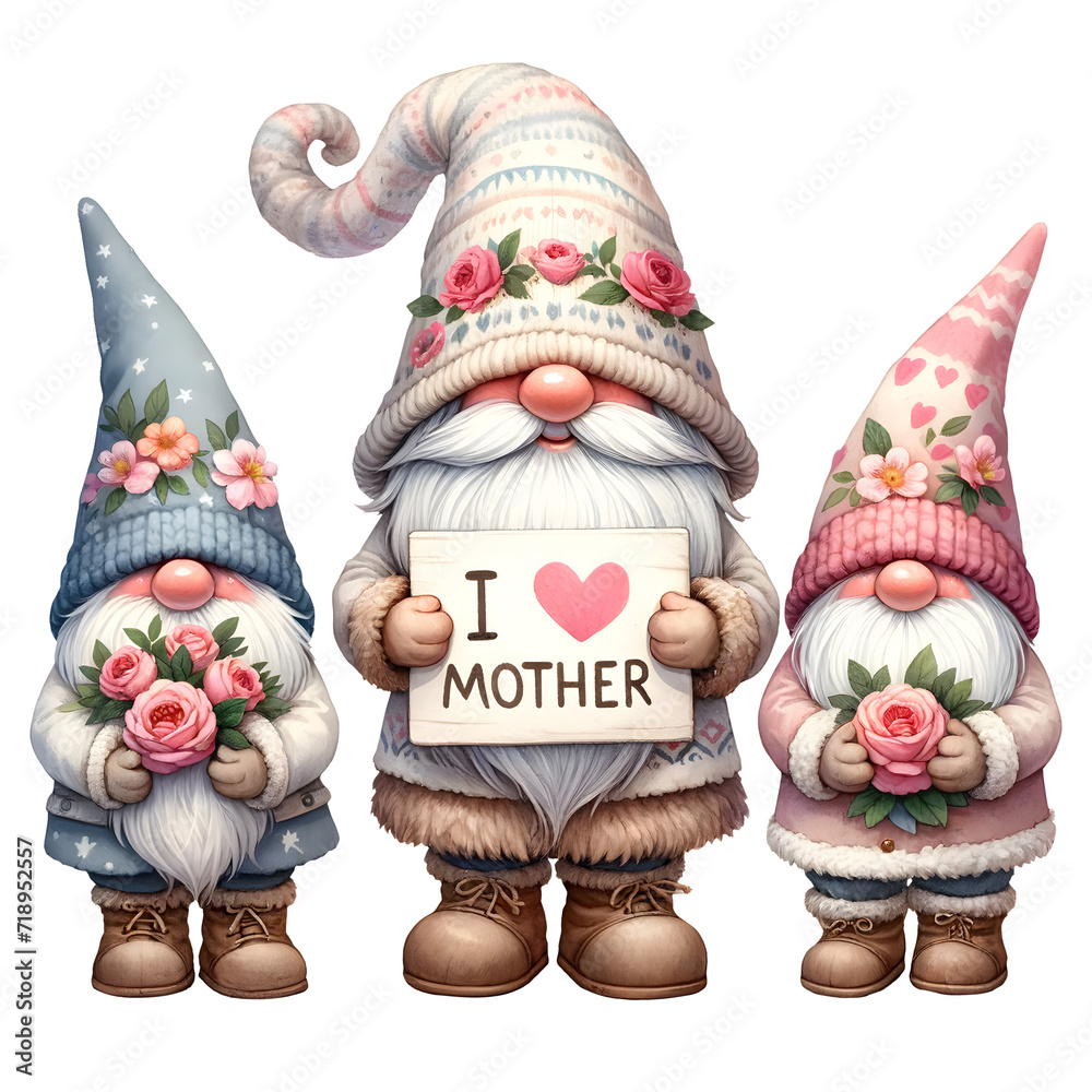 Cute Watercolor Gnome Mother's Day Clipart Illustration