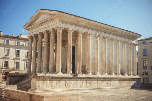 View to the roman temple square house ( Maison Carrée) city of Nimes in south of France