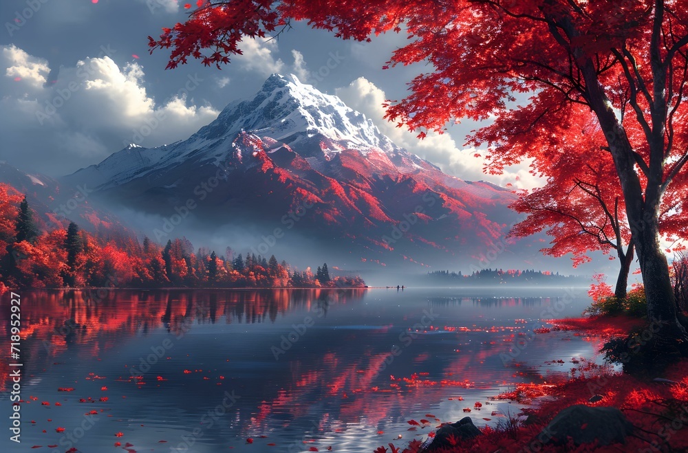 Colorful autumn season in Japan. Mount with morning fog and reflection at the lake. red trees - obrazy, fototapety, plakaty 