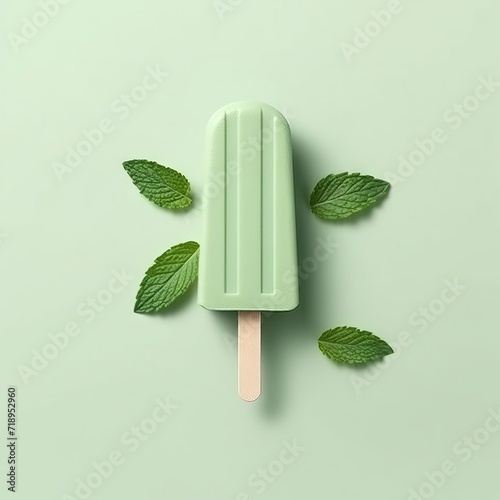 Mint ice cream on a stick with mint leaves on a light green background, an example of minimalist design. Concept: summer menu and cooling desserts photo