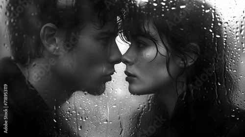 portrait of a couple in a kiss under water drops. man and a woman share a romantic kiss in the rain photo