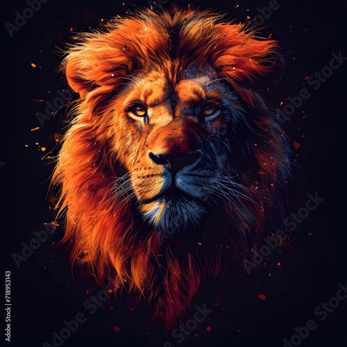 Portrait of a Lion on black background. Colorful painting of a lion. lion s face.