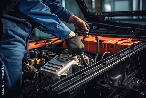 Technician Hands of car mechanic working repair in auto repair Service electric battery and Maintenance of car battery. Check the electrical system inside