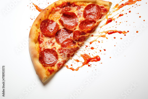 Template with delicious tasty slice of pepperoni pizza flying on white background