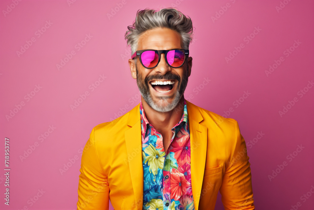 Ultra handsome man, smiling and laughing, wearing bright clothes. Ultra handsome man, smiling and laughing, wearing bright clothes.
