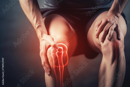 An athlete with discomfort in a knee injury with graphic pain Inflammation of the joint arthritis photo