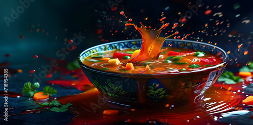 Taiwanese soup with splashes on a black background photo