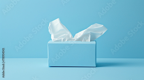 Light blue tissue box on blue background. Made with generative ai photo
