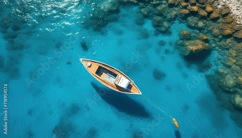 boat in the sea. boat on the water. aerial view of a boat sailing in the crystal clear sea. Boat in ocean top view. crystal blue waters and boat. boat in water bird's eye view. summer boat © Divid