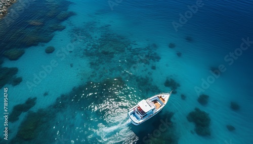 aerial view of a boat sailing in the crystal clear sea. Boat in ocean top view. crystal blue waters and boat. boat in water bird's eye view. summer boat